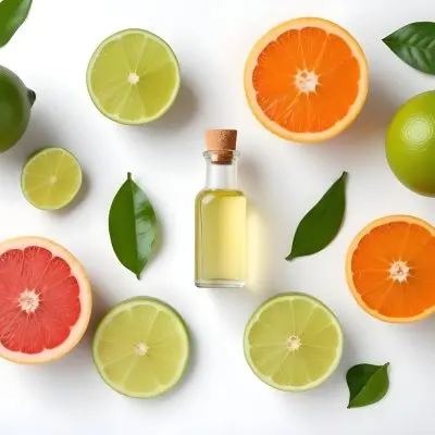 Assorted Citrus Fruits Including Limes Lemons Oranges And Grapefruits Along With A Bottle Of Essential Oil Arranged On A White Background 18 32a8