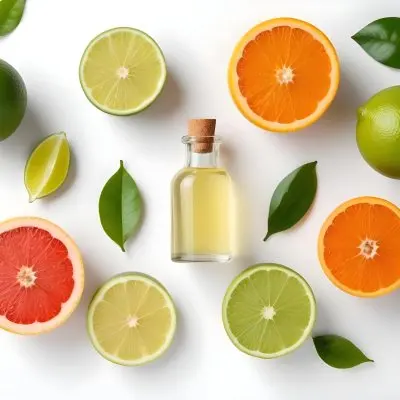 Assorted Citrus Fruits Including Limes Lemons Oranges And Grapefruits Along With A Bottle Of Essential Oil Arranged On A White Background 19 1598