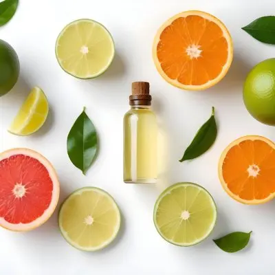 Assorted Citrus Fruits Including Limes Lemons Oranges And Grapefruits Along With A Bottle Of Essential Oil Arranged On A White Background 22 D139