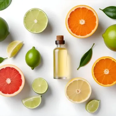 Assorted Citrus Fruits Including Limes Lemons Oranges And Grapefruits Along With A Bottle Of Essential Oil Arranged On A White Background 23