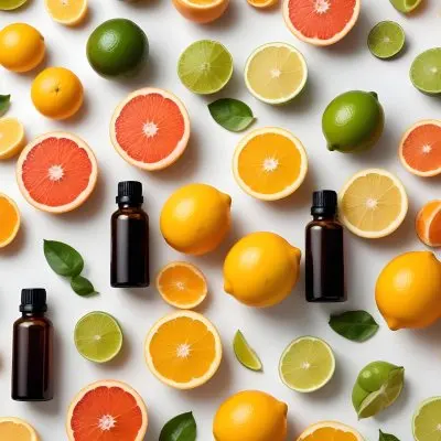 Assorted Citrus Fruits Including Limes Lemons Oranges And Grapefruits Along With A Bottle Of Essential Oil Arranged On A White Background 3 94b4