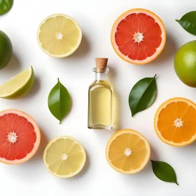 Assorted Citrus Fruits Including Limes Lemons Oranges And Grapefruits Along With A Bottle Of Essential Oil Arranged On A White Background 5 Fe63