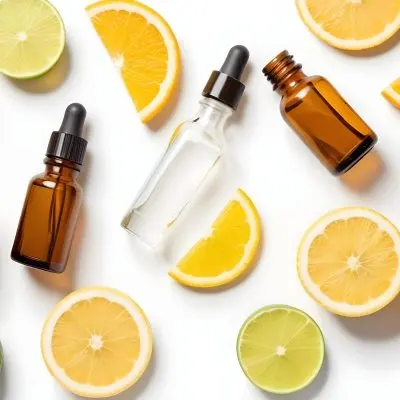 Assorted Citrus Fruits Including Orange Lemon And Lime Slices Along With Glass Bottles Of Essential Oils Or Serums On A White Background 15 80b7