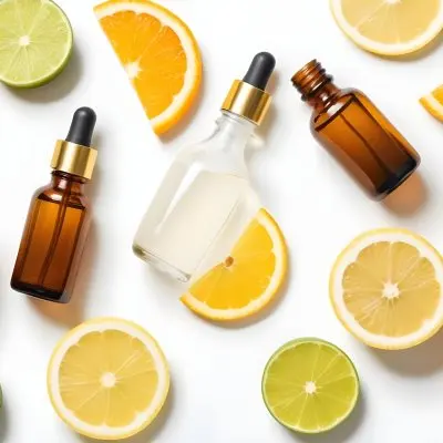 Assorted Citrus Fruits Including Orange Lemon And Lime Slices Along With Glass Bottles Of Essential Oils Or Serums On A White Background 19 66bc
