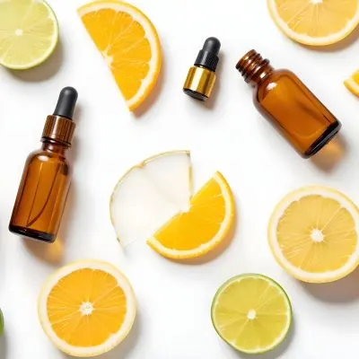 Assorted Citrus Fruits Including Orange Lemon And Lime Slices Along With Glass Bottles Of Essential Oils Or Serums On A White Background 21