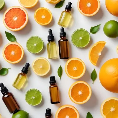 Assorted Citrus Fruits Including Orange Lemon And Lime Slices Along With Glass Bottles Of Essential Oils Or Serums On A White Background 9