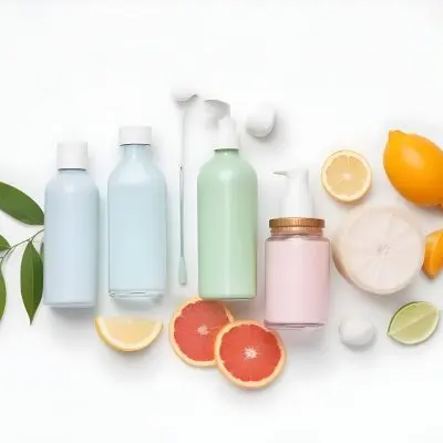 Assortment Of Cosmetic And Skincare Products Including Bottles Jars And Slices Of Citrus Fruits On A White Background 11 A58d
