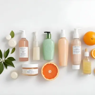 Assortment Of Cosmetic And Skincare Products Including Bottles Jars And Slices Of Citrus Fruits On A White Background 20 E504
