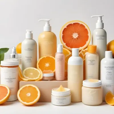 Assortment Of Cosmetic And Skincare Products Including Bottles Jars And Slices Of Citrus Fruits On A White Background 7