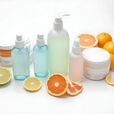 Assortment Of Cosmetic And Skincare Products Including Bottles Jars And Slices Of Citrus Fruits On A White Background 9 Dff2