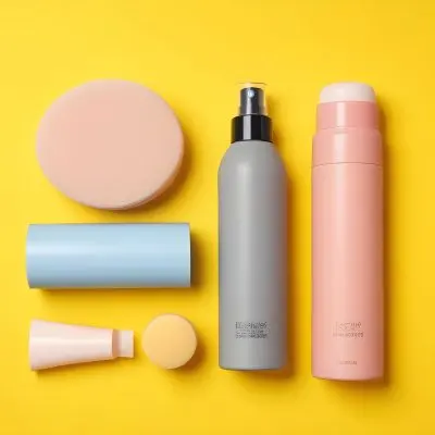 Assortment Of Cosmetic Products Including A Bottle Deodorant Makeup Sponge And Other Beauty Items On A Yellow Background 7 9c5e