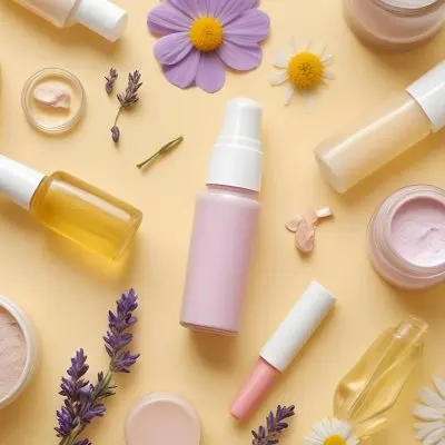 Assortment Of Natural Skincare And Beauty Products Including A Pink Lipstick Lavender Flowers And Various Jars And Bottles On A Yellow Background 9