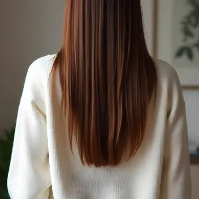 Back View Of A Caucasian Woman 25 Years Old With Long Straight Brown Hair Wearing A White Sweater In A Room 19 89fc