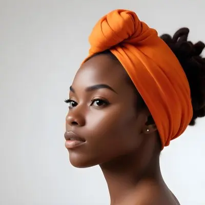 Black Woman 25 Years Old With Dark Skin And A Headwrap In Orange She Has A Smooth Complexion And Is Facing To The Side Against A Light Background 1 065b