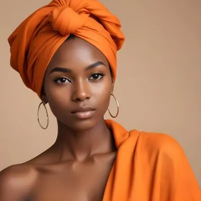 Black Woman 25 Years Old With Dark Skin And A Headwrap In Orange She Has A Smooth Complexion And Is Facing To The Side Against A Light Background 10 39e2