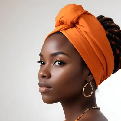 Black Woman 25 Years Old With Dark Skin And A Headwrap In Orange She Has A Smooth Complexion And Is Facing To The Side Against A Light Background 101 9a95