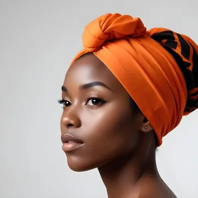 Black Woman 25 Years Old With Dark Skin And A Headwrap In Orange She Has A Smooth Complexion And Is Facing To The Side Against A Light Background 107 88d4
