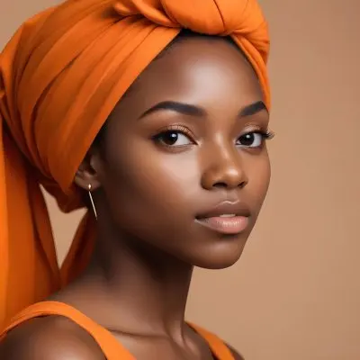 Black Woman 25 Years Old With Dark Skin And A Headwrap In Orange She Has A Smooth Complexion And Is Facing To The Side Against A Light Background 109 2c1c