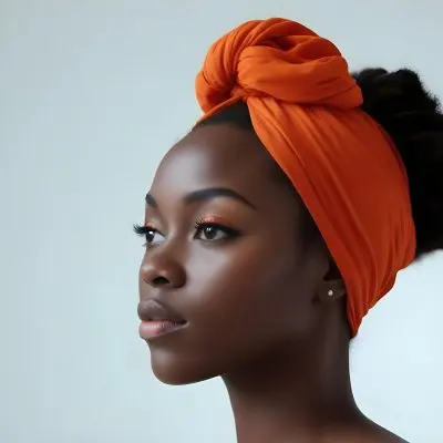 Black Woman 25 Years Old With Dark Skin And A Headwrap In Orange She Has A Smooth Complexion And Is Facing To The Side Against A Light Background 11 5832