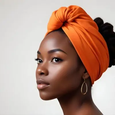 Black Woman 25 Years Old With Dark Skin And A Headwrap In Orange She Has A Smooth Complexion And Is Facing To The Side Against A Light Background 110 8005