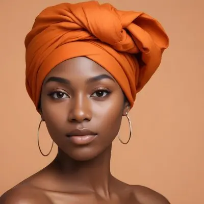 Black Woman 25 Years Old With Dark Skin And A Headwrap In Orange She Has A Smooth Complexion And Is Facing To The Side Against A Light Background 111 402d
