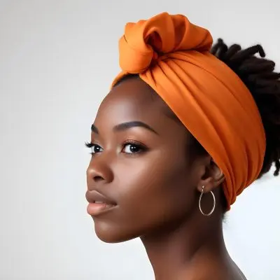 Black Woman 25 Years Old With Dark Skin And A Headwrap In Orange She Has A Smooth Complexion And Is Facing To The Side Against A Light Background 113 6ab1
