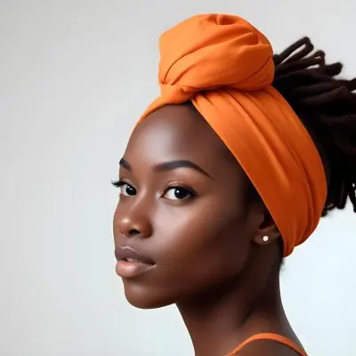 Black Woman 25 Years Old With Dark Skin And A Headwrap In Orange She Has A Smooth Complexion And Is Facing To The Side Against A Light Background 119 2b69