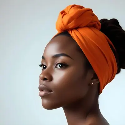 Black Woman 25 Years Old With Dark Skin And A Headwrap In Orange She Has A Smooth Complexion And Is Facing To The Side Against A Light Background 12 450c