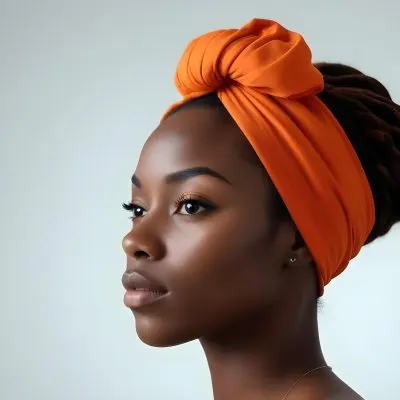 Black Woman 25 Years Old With Dark Skin And A Headwrap In Orange She Has A Smooth Complexion And Is Facing To The Side Against A Light Background 120 298b
