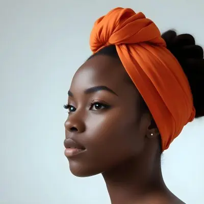 Black Woman 25 Years Old With Dark Skin And A Headwrap In Orange She Has A Smooth Complexion And Is Facing To The Side Against A Light Background 122 8156