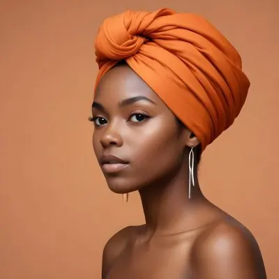 Black Woman 25 Years Old With Dark Skin And A Headwrap In Orange She Has A Smooth Complexion And Is Facing To The Side Against A Light Background 125 B872