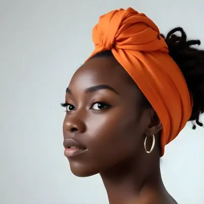 Black Woman 25 Years Old With Dark Skin And A Headwrap In Orange She Has A Smooth Complexion And Is Facing To The Side Against A Light Background 126 2ac6