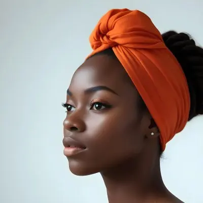 Black Woman 25 Years Old With Dark Skin And A Headwrap In Orange She Has A Smooth Complexion And Is Facing To The Side Against A Light Background 129 B4d3