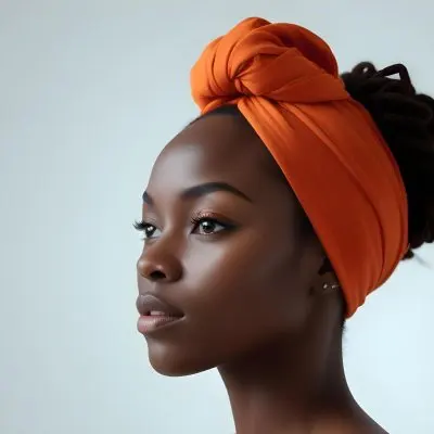 Black Woman 25 Years Old With Dark Skin And A Headwrap In Orange She Has A Smooth Complexion And Is Facing To The Side Against A Light Background 130 2e43