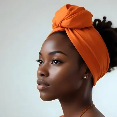 Black Woman 25 Years Old With Dark Skin And A Headwrap In Orange She Has A Smooth Complexion And Is Facing To The Side Against A Light Background 135 29ee