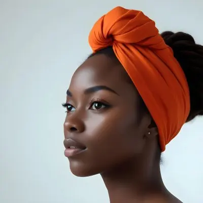 Black Woman 25 Years Old With Dark Skin And A Headwrap In Orange She Has A Smooth Complexion And Is Facing To The Side Against A Light Background 136 B7f4
