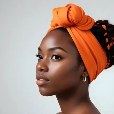 Black Woman 25 Years Old With Dark Skin And A Headwrap In Orange She Has A Smooth Complexion And Is Facing To The Side Against A Light Background 138 87b8