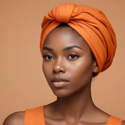 Black Woman 25 Years Old With Dark Skin And A Headwrap In Orange She Has A Smooth Complexion And Is Facing To The Side Against A Light Background 14 9d0e