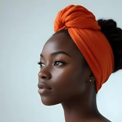 Black Woman 25 Years Old With Dark Skin And A Headwrap In Orange She Has A Smooth Complexion And Is Facing To The Side Against A Light Background 141 F2fa