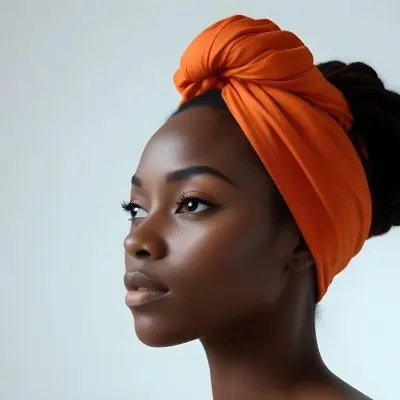 Black Woman 25 Years Old With Dark Skin And A Headwrap In Orange She Has A Smooth Complexion And Is Facing To The Side Against A Light Background 142 5ae6