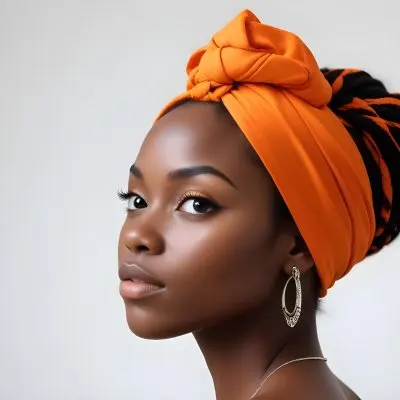 Black Woman 25 Years Old With Dark Skin And A Headwrap In Orange She Has A Smooth Complexion And Is Facing To The Side Against A Light Background 143 0a87