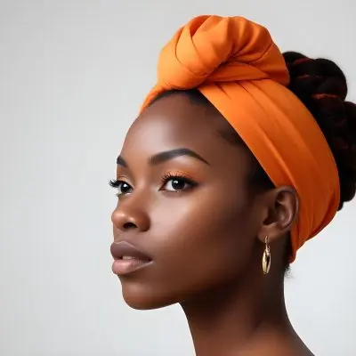 Black Woman 25 Years Old With Dark Skin And A Headwrap In Orange She Has A Smooth Complexion And Is Facing To The Side Against A Light Background 146 9c3f