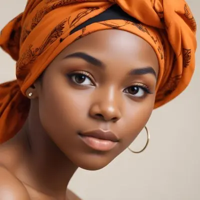 Black Woman 25 Years Old With Dark Skin And A Headwrap In Orange She Has A Smooth Complexion And Is Facing To The Side Against A Light Background 147 396f
