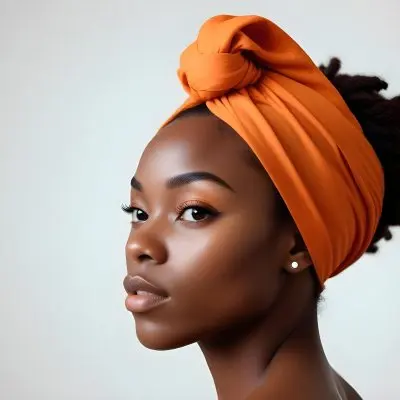 Black Woman 25 Years Old With Dark Skin And A Headwrap In Orange She Has A Smooth Complexion And Is Facing To The Side Against A Light Background 150 Fb32