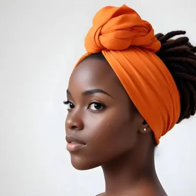Black Woman 25 Years Old With Dark Skin And A Headwrap In Orange She Has A Smooth Complexion And Is Facing To The Side Against A Light Background 151 A253