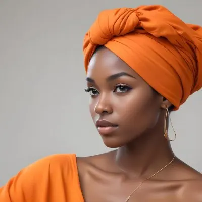 Black Woman 25 Years Old With Dark Skin And A Headwrap In Orange She Has A Smooth Complexion And Is Facing To The Side Against A Light Background 155 D640