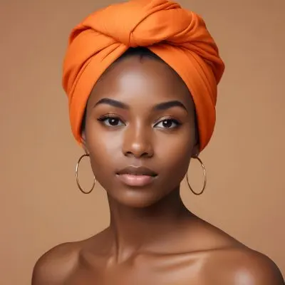Black Woman 25 Years Old With Dark Skin And A Headwrap In Orange She Has A Smooth Complexion And Is Facing To The Side Against A Light Background 16 F55e
