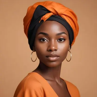 Black Woman 25 Years Old With Dark Skin And A Headwrap In Orange She Has A Smooth Complexion And Is Facing To The Side Against A Light Background 18 3b1a