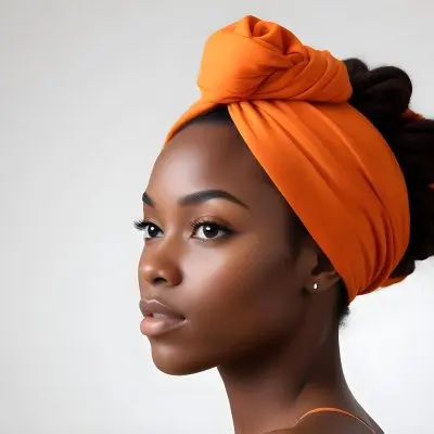 Black Woman 25 Years Old With Dark Skin And A Headwrap In Orange She Has A Smooth Complexion And Is Facing To The Side Against A Light Background 20 8e5d