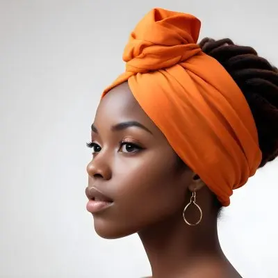 Black Woman 25 Years Old With Dark Skin And A Headwrap In Orange She Has A Smooth Complexion And Is Facing To The Side Against A Light Background 22 Bf29